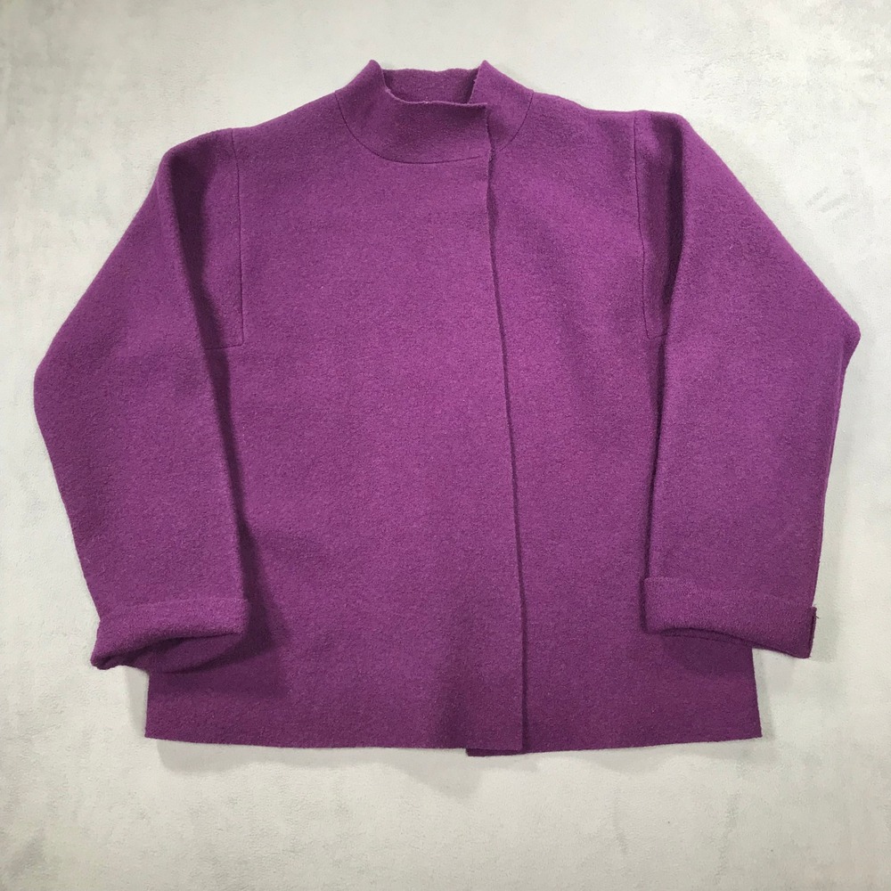 Eileen Fisher Boiled Wool Jacket Women Size M Purple Mock Neck Open Front